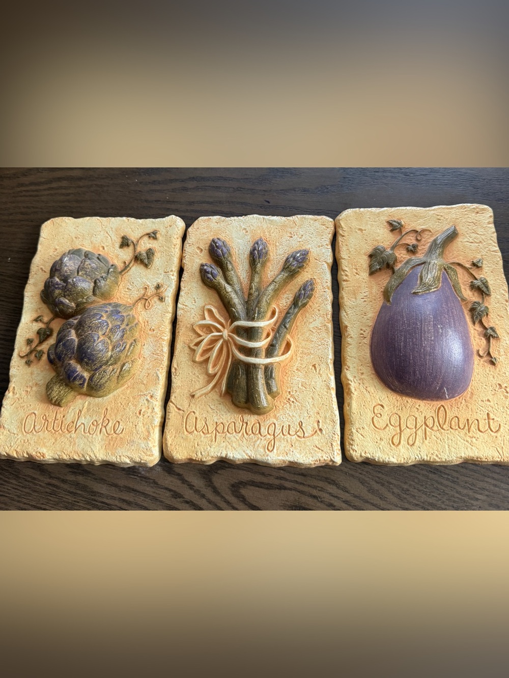 Vintage Set of (3) 3D vegetable wall plaques from the Homco Gia collection.